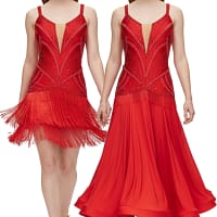 Crimson Flame - front view - Two-Way Ballroom/Latin dress shows red velvet short Latin dress with fringe and long Standard dress side-by-side.