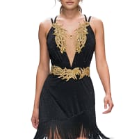 Radiant Obsidian Latin dress — front view — black satin with crystal embellishment