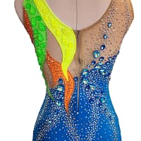 Rio Swirl Latin dress — back view — large diamond cutout on the back with crystal halter strap and black fringe.