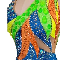 Rio Swirl Latin dress — bodice detail - showing neon yellow crystals against the black appliqué and white stoning swirl.