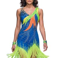 Rio Swirl Latin dress - front view - Sleeveless, featuring a swirling geometric design and dynamic fringe on the skirt.