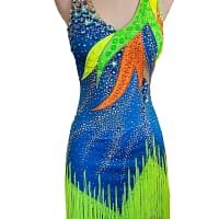 Rio Swirl Latin dress - front view - on mannequin - Black and white geometric design with neon yellow/green crystal accents and asymmetrical fringe.