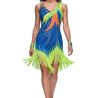 Rio Swirl Latin dress - front view whole body - Sleeveless, featuring a swirling geometric design and dynamic fringe on the skirt.