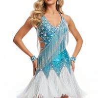 Snezhana Latin dress - front view - Blue and white design with crystal fringe, geometric rhinestone patterns, and side mesh cutout.