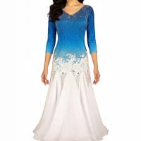 Bluefire ballroom gown — front view — A vibrant royal blue Standard dress, a cutout shoulder, and a bodice heavily embellished with clear and iridescent crystals.