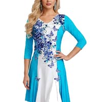 Azure Grace in blue and white ballroom dress with 3/4 sleeves and butterfly floral embroidery.