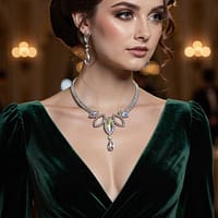 Elegant crystal statement necklace worn during ballroom performance, highlighting neckline visibility and sparkle.