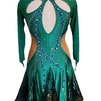 Back view of Emerald Majesty Signature Latin dress with oval open-back cutout, crystal trim, and short skirt with shimmering movement panels