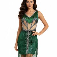 Emerald Seduction Latin Dress – Green fringe dance dress with rhinestone bodice and sheer mesh panels.