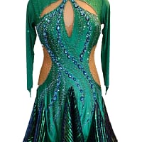 Front mannequin view of Kalinda Latin dress featuring emerald stretch fabric, illusion cutouts, and blue crystal swirl stonework