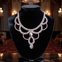 Crystal ballroom necklace displayed on a black jewelry bust under warm ballroom lighting