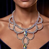Crystal ballroom necklace worn by a model, highlighting neckline fit and drop stones