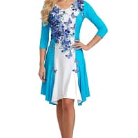 Lavinia Latin competition dress worn by model featuring turquoise sleeves, white center panel, butterfly accents, and Latin skirt movement