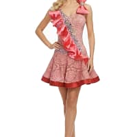 Luisa front full view Latin dress with blush pink lace, crystal bodice, and satin ruffle detail