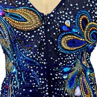 Close-up of Midnight Peacock ballroom dress showing navy bodice crystal detailing and center back zipper