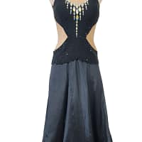 Front mannequin view of Midnight Rhythm Performance ballroom mode with black full-length skirt and crystal illusion neckline.