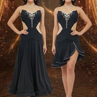 Midnight Rhythm Performance convertible dance dress shown in Smooth and Latin versions, featuring black crystal bodice, nude illusion sides, and detachable skirt options.