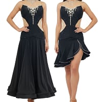 Midnight Rhythm Performance convertible dance dress shown in Smooth and Latin versions, featuring black crystal bodice, nude illusion sides, and detachable skirt options.
