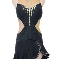 Front view of Midnight Rhythm convertible Latin dress in black with nude illusion mesh, crystal neckline drape, and short ruffled skirt.