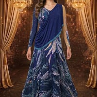 Midnight Veil navy ballroom gown with asymmetrical draped bodice, crystal detailing, and flowing full-length chiffon skirt