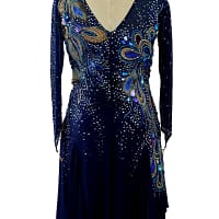 Full back view of Cato navy ballroom dress with deep V back, crystal embellishment, and flowing skirt