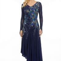 Navy ballroom dress with crystal-embellished draped bodice and flowing skirt