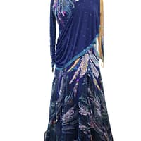 Royal Horizon navy ballroom gown with asymmetrical draped bodice, crystal detailing, and flowing full-length chiffon skirt