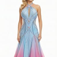 Ballroom gown front view on mannequin featuring light blue halter neckline, crystal embellishments, and flowing ombré chiffon skirt in blue and pink tones.