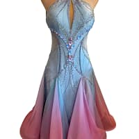Front whole-body view of Serenity Bloom ballroom gown with halter neckline, crystal-stoned bodice, and layered pastel ombré skirt.