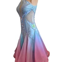 Layered chiffon skirt detail of ballroom gown with flowing pastel panels designed for smooth Standard and Smooth movement.