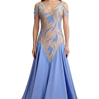 Front view of the Yvette ballroom dress in sky blue with nude illusion bodice, crystal appliqué detailing, and a full flowing skirt for Smooth dances.