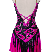 Back view of Performance – Fuchsia Dominion Latin dress featuring open back straps, black beaded lace, and crystal detailing.