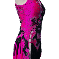 Right side view of Performance – Fuchsia Dominion showcasing fuchsia base, black lace appliqués, and sculpted competition fit.