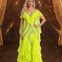 Electric Citrine Signature Series ballroom gown in vivid chartreuse with rhinestone embellishments