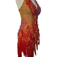 Side profile of the Inferno Cascade dress displaying the density of the red fringe and the detailed crystal patterns on the bodice.