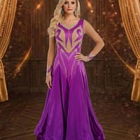 Majestic Violet ballroom dress front view in rich purple with crystal embellishments, illusion neckline, long sleeves, and flowing satin skirt