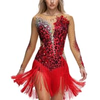 Wild Leopard Latin dress featuring red fringe skirt, sheer nude mesh, and black leopard sequin embellishments with long sleeves
