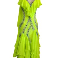 Front view of Electric Citrine Signature Series ballroom gown with crystal embellished bodice