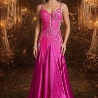 Full front view of Malibu Dream ballroom gown with vibrant pink satin skirt and crystal embellished bodice