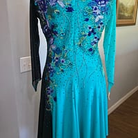 Electric Bloom ballroom dress full back view with teal fabric and crystal embellishment design