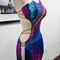 Chromatic Fire Latin dress back view with rhinestone straps and open back design