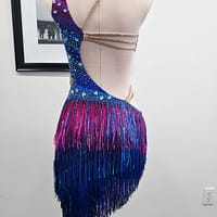 Chromatic Fire Latin dress full back view with fringe skirt and rhinestone strap accents
