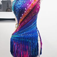 Chromatic Fire Latin dress full front view with multicolor gradient and crystal embellishments