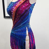 Chromatic Fire Latin dress side view with cutout details and fitted silhouette