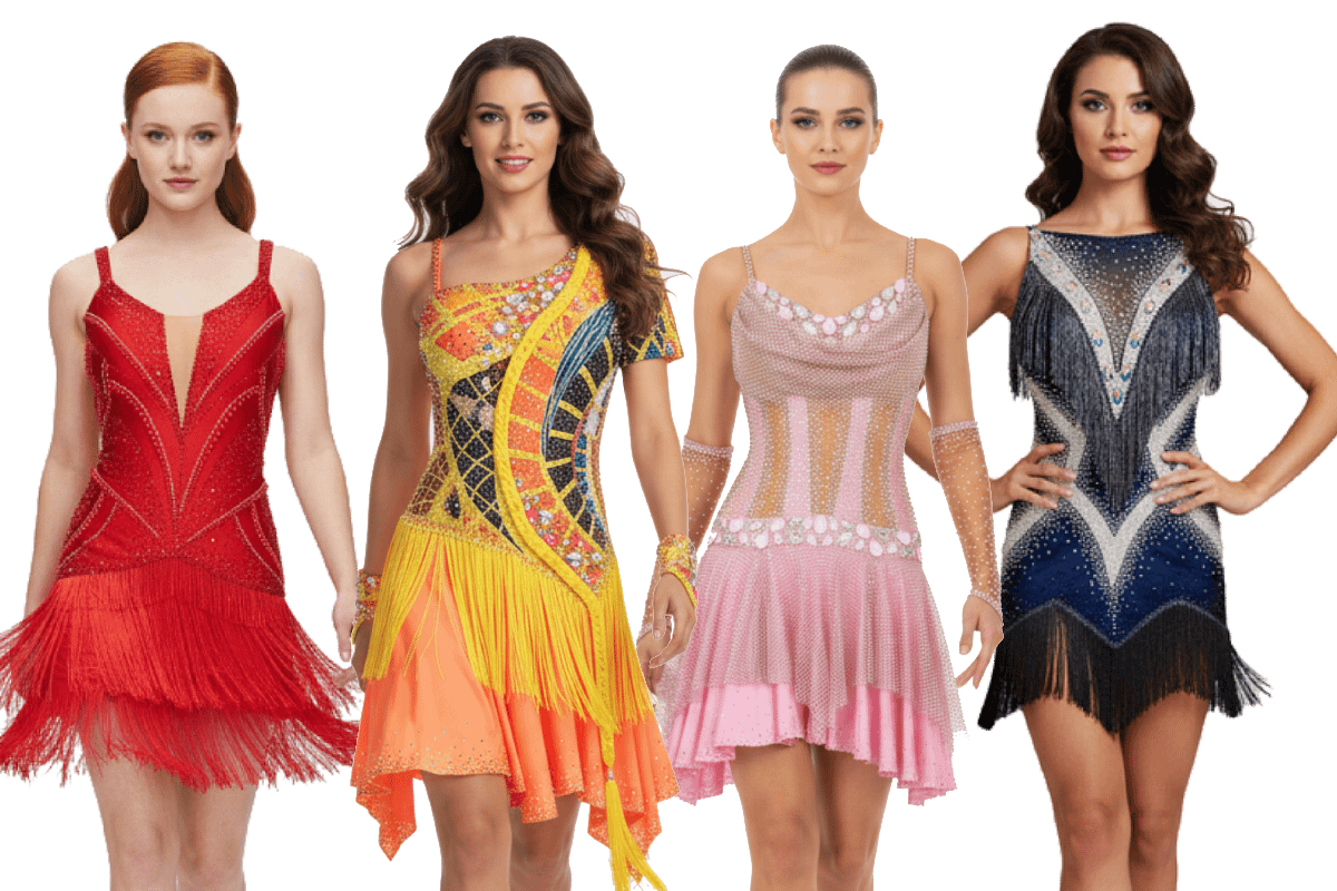 Elegant ballroom Latin dresses in red, yellow, pink, and navy blue with fringe and bead details.