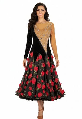 Fia ballroom gown — front view — A long-sleeved Standard dress with a two-tone bodice; the top-right quarter is tan mesh with crystals, and the bottom-left quarter is black velvet, separated by a diagonal line. The skirt is black sheer fabric printed with large, bright red roses.