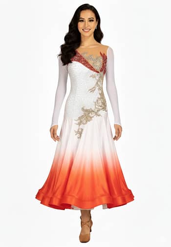 Mercedes ballroom gown — front view — A vibrant Standard dress featuring a lemon yellow upper bodice and a black satin skirt. The black velvet appliqué with gold and clear crystals extends from the bodice down to the hips.