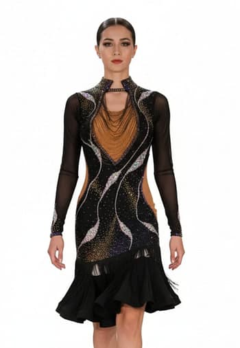 Mia Latin dress — front view — black with gold drape, multi-color crystal swirls, and sheer sleeves