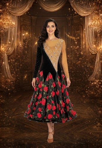 Scarlet Bloom ballroom gown — front view — A long-sleeved Standard dress with a two-tone bodice; the top-right quarter is tan mesh with crystals, and the bottom-left quarter is black velvet, separated by a diagonal line. The skirt is black sheer fabric printed with large, bright red roses.