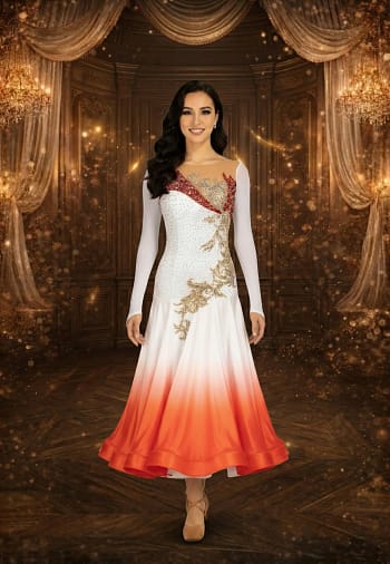 Solar Motion ballroom gown — front view — A vibrant Standard dress featuring a lemon yellow upper bodice and a black satin skirt. The black velvet appliqué with gold and clear crystals extends from the bodice down to the hips.